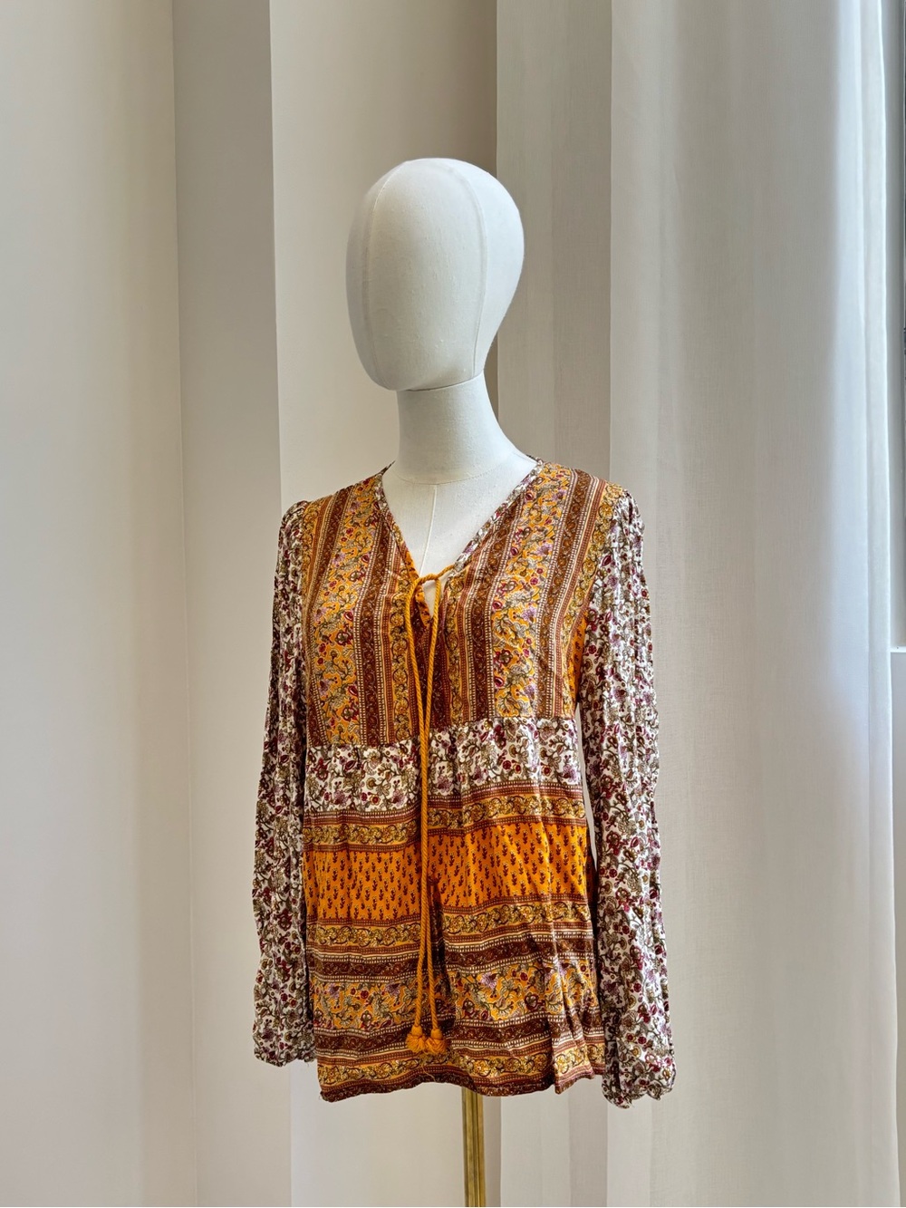 Bohemian Patchwork Tie-Front Women's Blouse in Mustard